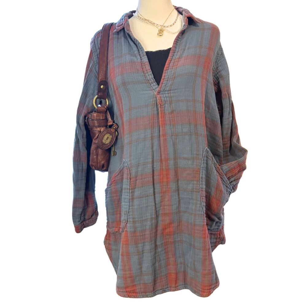 Free People x CP Shades Blue Plaid Cotton Tunic Popover Distressed Small
